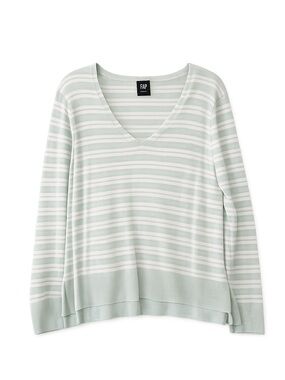 GAP Mint Green & White Striped V-Neck Lightweight Sweater Size M